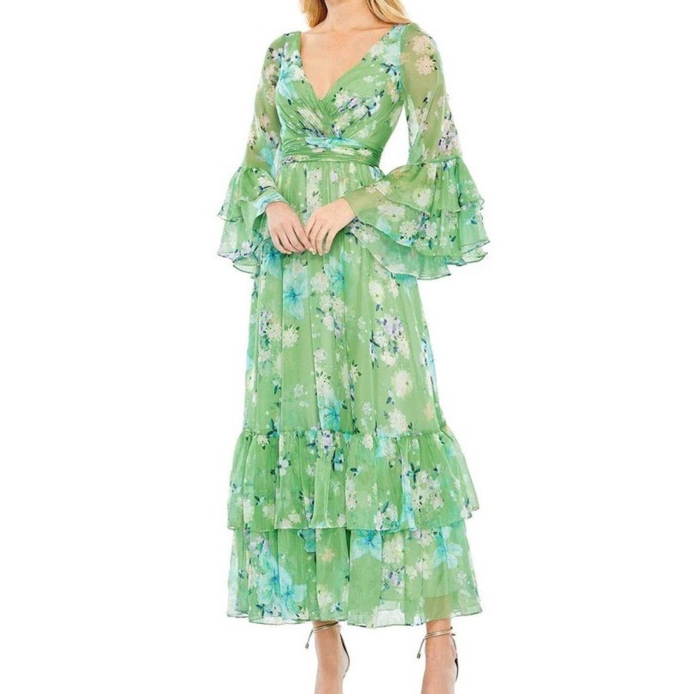 Mac Duggal Green Floral Chiffon Tiered Ruffle Bell Sleeve Midi Dress 16 NEW